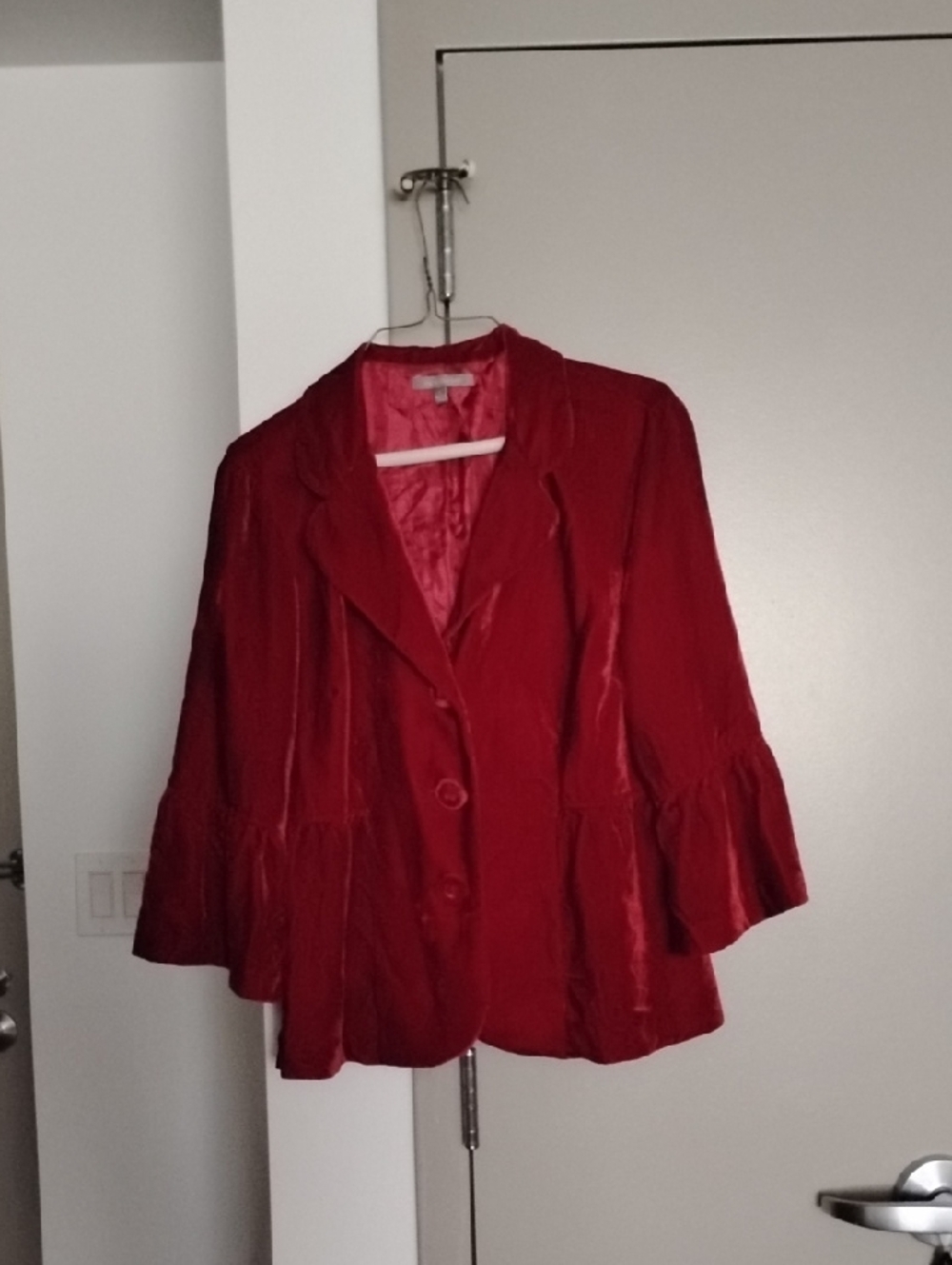 NY Collection Red Velvet Button-Front Blazer - Picture 5 of 9